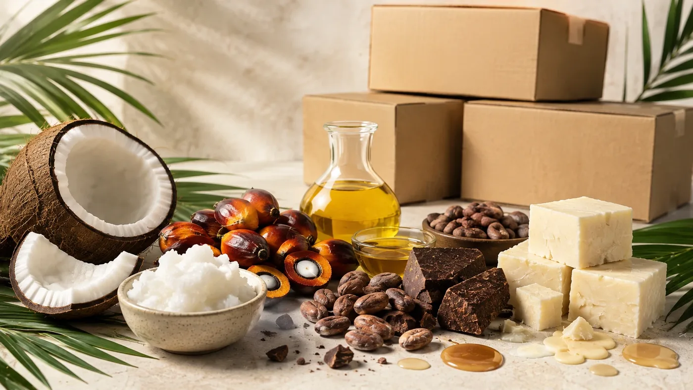 Продукция ЭЛИОТОРГ: кокос, плоды масличной пальмы, масло, какао-бобы, какао тёртое и какао-масло на фоне коробок для отгрузки